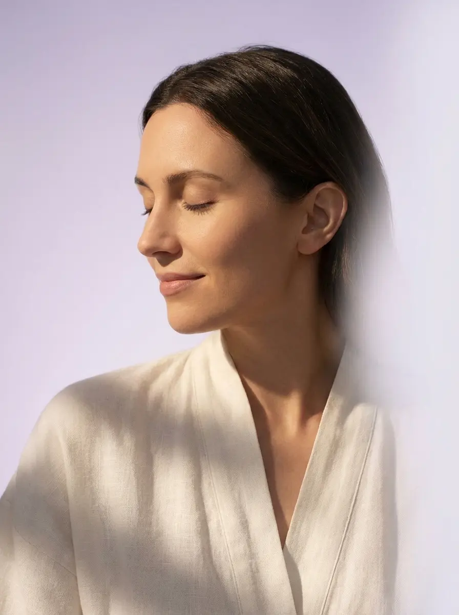 Persona en meditación profunda, expresión serena